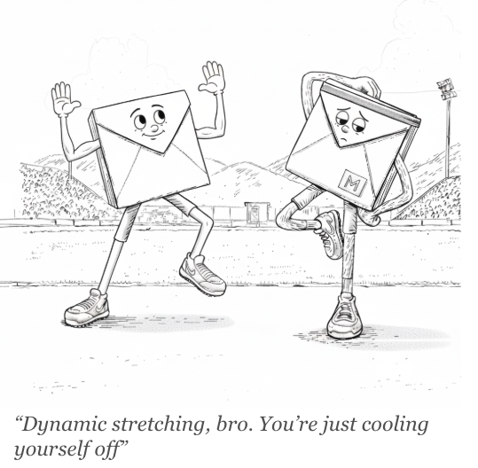 Emails warming up on a running track