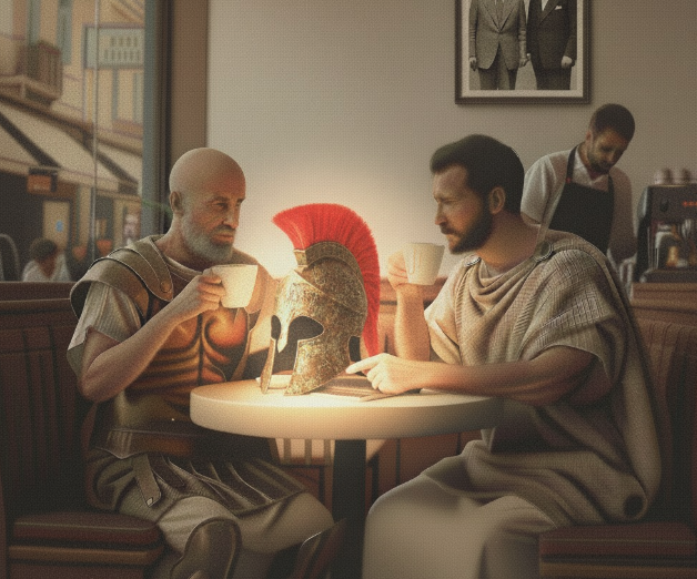 Cartoon of Praxos and Cleanthes debating in togas