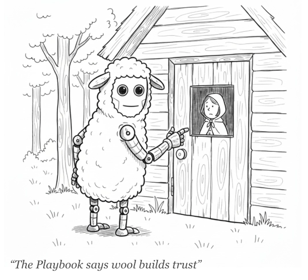 Cartoon of a robot disguised in a sheep costume knocking on Little Red Riding Hood's grandmother’s house