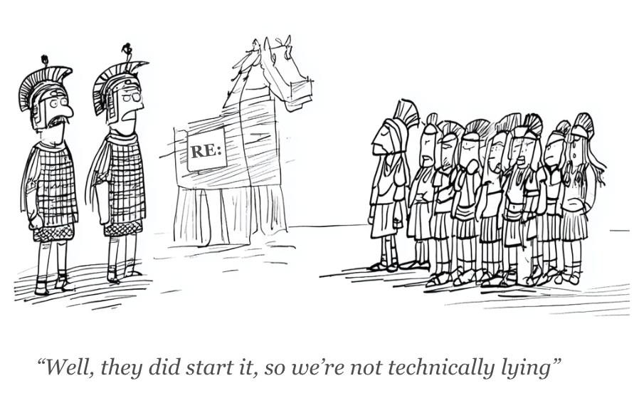 Illustration of the Trojan Horse as a metaphor for deceptive sales tactics